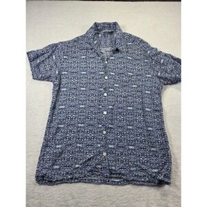Ken Ltd Men's Medium Blue Rayon Short Sleeve Button Down Shirt Geometric...